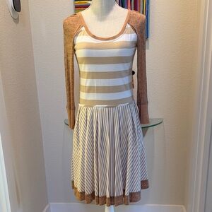 Striped Fit-and-Flare Dress with Lace Sleeves - Cream/Tan
